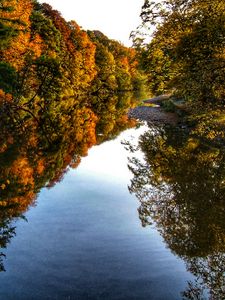 Preview wallpaper river, trees, forest, reflection, autumn, landscape, nature
