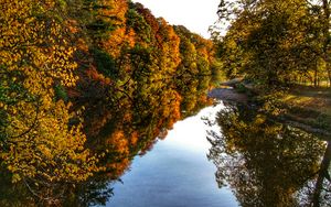 Preview wallpaper river, trees, forest, reflection, autumn, landscape, nature