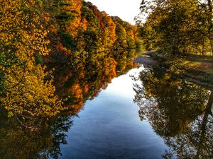 Preview wallpaper river, trees, forest, reflection, autumn, landscape, nature