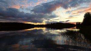 Preview wallpaper river, trees, forest, reflection, dark, sky