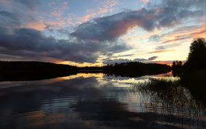 Preview wallpaper river, trees, forest, reflection, dark, sky