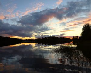 Preview wallpaper river, trees, forest, reflection, dark, sky