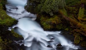 Preview wallpaper river, trees, grass, stones, nature, long exposure