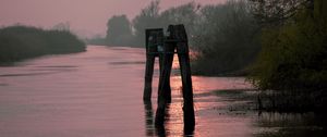 Preview wallpaper river, trees, logs, sunset, nature