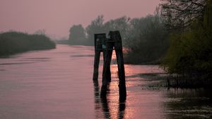 Preview wallpaper river, trees, logs, sunset, nature
