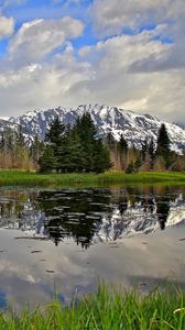 Preview wallpaper river, trees, mountain, grass