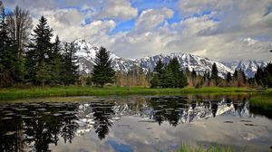 Preview wallpaper river, trees, mountain, grass