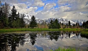 Preview wallpaper river, trees, mountain, grass