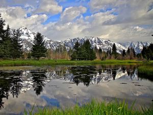 Preview wallpaper river, trees, mountain, grass