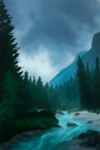 Preview wallpaper river, trees, mountain, landscape, art