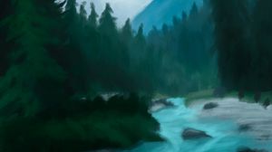 Preview wallpaper river, trees, mountain, landscape, art