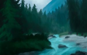 Preview wallpaper river, trees, mountain, landscape, art