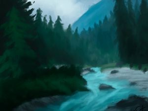 Preview wallpaper river, trees, mountain, landscape, art