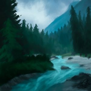 Preview wallpaper river, trees, mountain, landscape, art