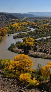 Preview wallpaper river, trees, mountains, landscape, nature, autumn