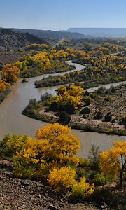 Preview wallpaper river, trees, mountains, landscape, nature, autumn