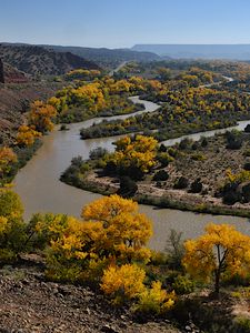 Preview wallpaper river, trees, mountains, landscape, nature, autumn