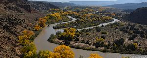 Preview wallpaper river, trees, mountains, landscape, nature, autumn