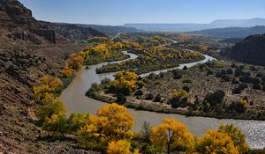 Preview wallpaper river, trees, mountains, landscape, nature, autumn