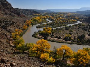 Preview wallpaper river, trees, mountains, landscape, nature, autumn