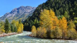 Preview wallpaper river, trees, mountains, slope, landscape