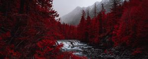 Preview wallpaper river, trees, red, mountains, fog, landscape