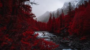 Preview wallpaper river, trees, red, mountains, fog, landscape