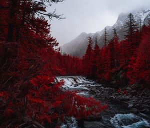 Preview wallpaper river, trees, red, mountains, fog, landscape