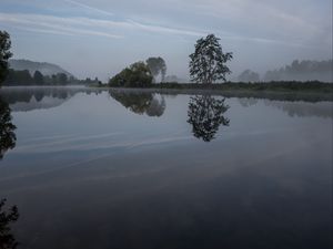 Preview wallpaper river, trees, reflection, nature, landscape, dark