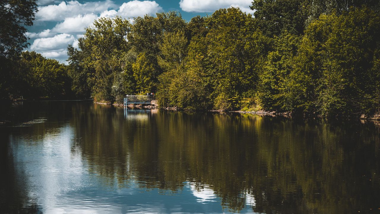 Wallpaper river, trees, reflection, pier