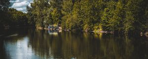 Preview wallpaper river, trees, reflection, pier