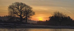 Preview wallpaper river, trees, reflection, sunrise