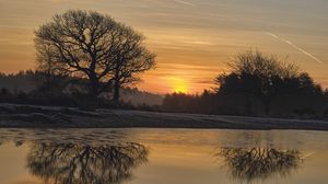 Preview wallpaper river, trees, reflection, sunrise