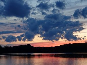Preview wallpaper river, trees, silhouettes, evening, landscape