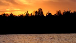 Preview wallpaper river, trees, silhouettes, sunset