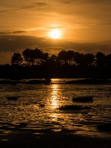 Preview wallpaper river, trees, silhouettes, sunset, dark