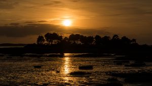 Preview wallpaper river, trees, silhouettes, sunset, dark