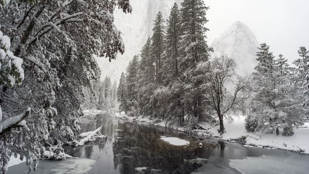Wallpaper river, trees, snow, mountains, landscape, winter