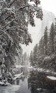Preview wallpaper river, trees, snow, mountains, landscape, winter