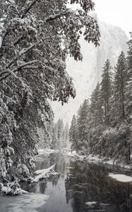 Preview wallpaper river, trees, snow, mountains, landscape, winter