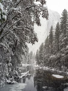 Preview wallpaper river, trees, snow, mountains, landscape, winter