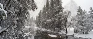 Preview wallpaper river, trees, snow, mountains, landscape, winter
