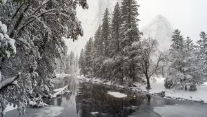 Preview wallpaper river, trees, snow, mountains, landscape, winter