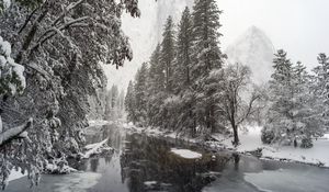 Preview wallpaper river, trees, snow, mountains, landscape, winter