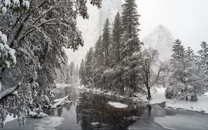 Preview wallpaper river, trees, snow, mountains, landscape, winter