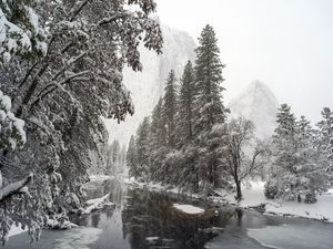 Preview wallpaper river, trees, snow, mountains, landscape, winter