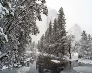 Preview wallpaper river, trees, snow, mountains, landscape, winter