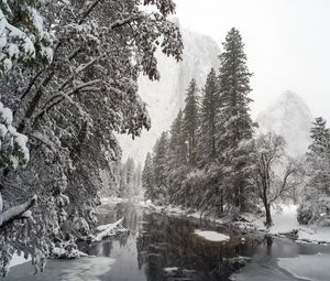 Preview wallpaper river, trees, snow, mountains, landscape, winter