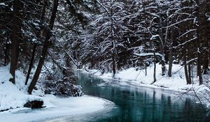 Preview wallpaper river, trees, snow, water, nature, landscape