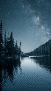 Preview wallpaper river, trees, starry sky, night, landscape